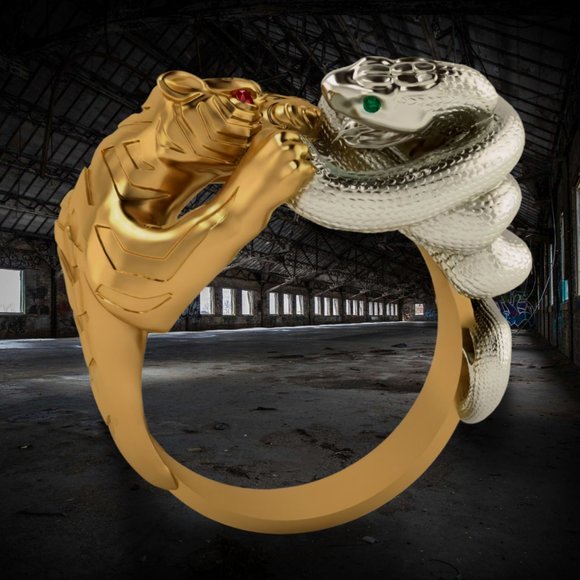 3D Retro Gold Tiger Silver Snake Fighting Animal Bohemia Ring - Picture 4 of 10